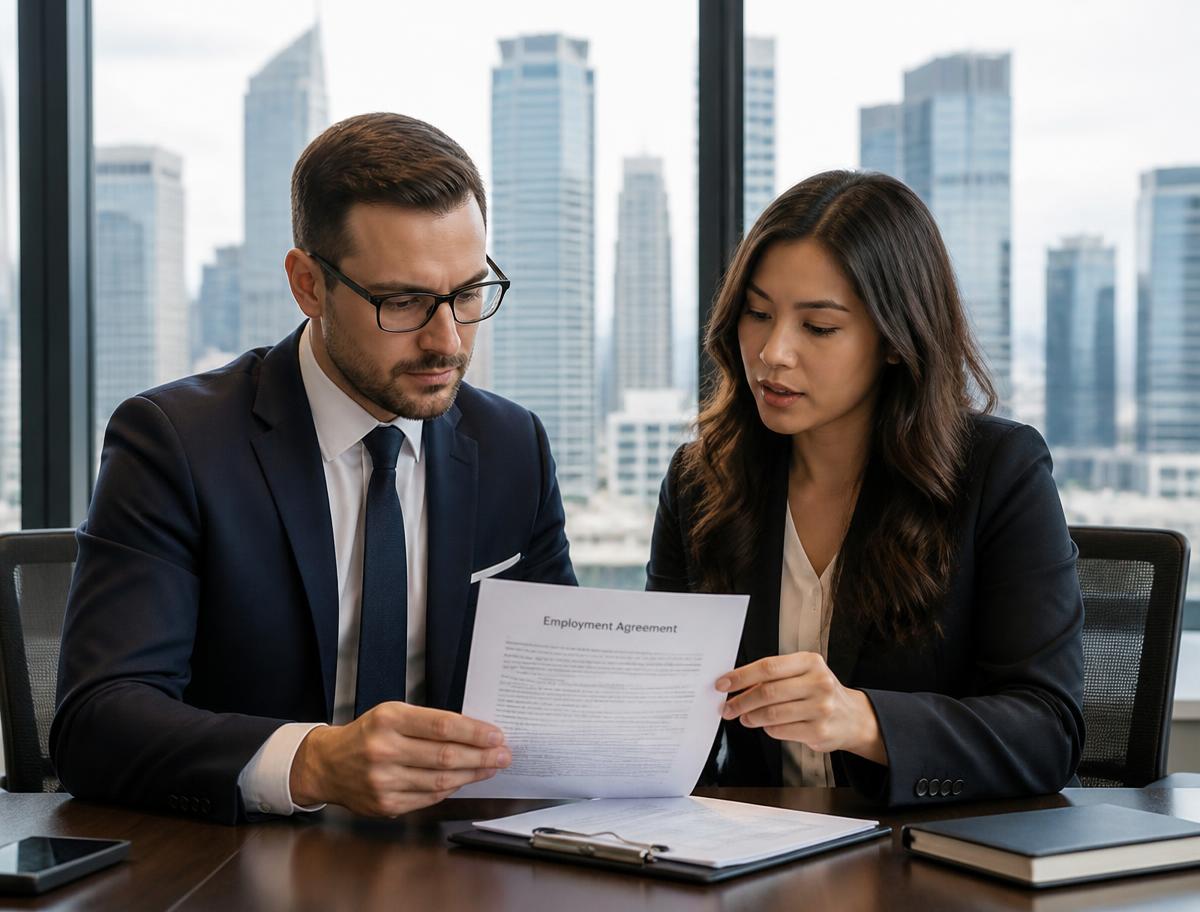 Recruitment partners reviewing employment documentation in a corporate meeting